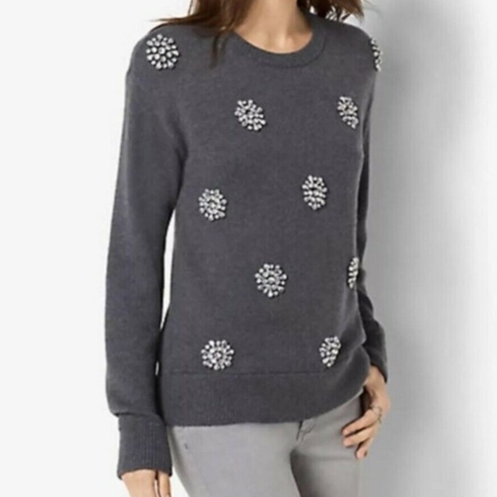 MICHAEL MICHAEL KORS Grey Wool Blend Crew Neck Sweater Rhinestone Embellishment